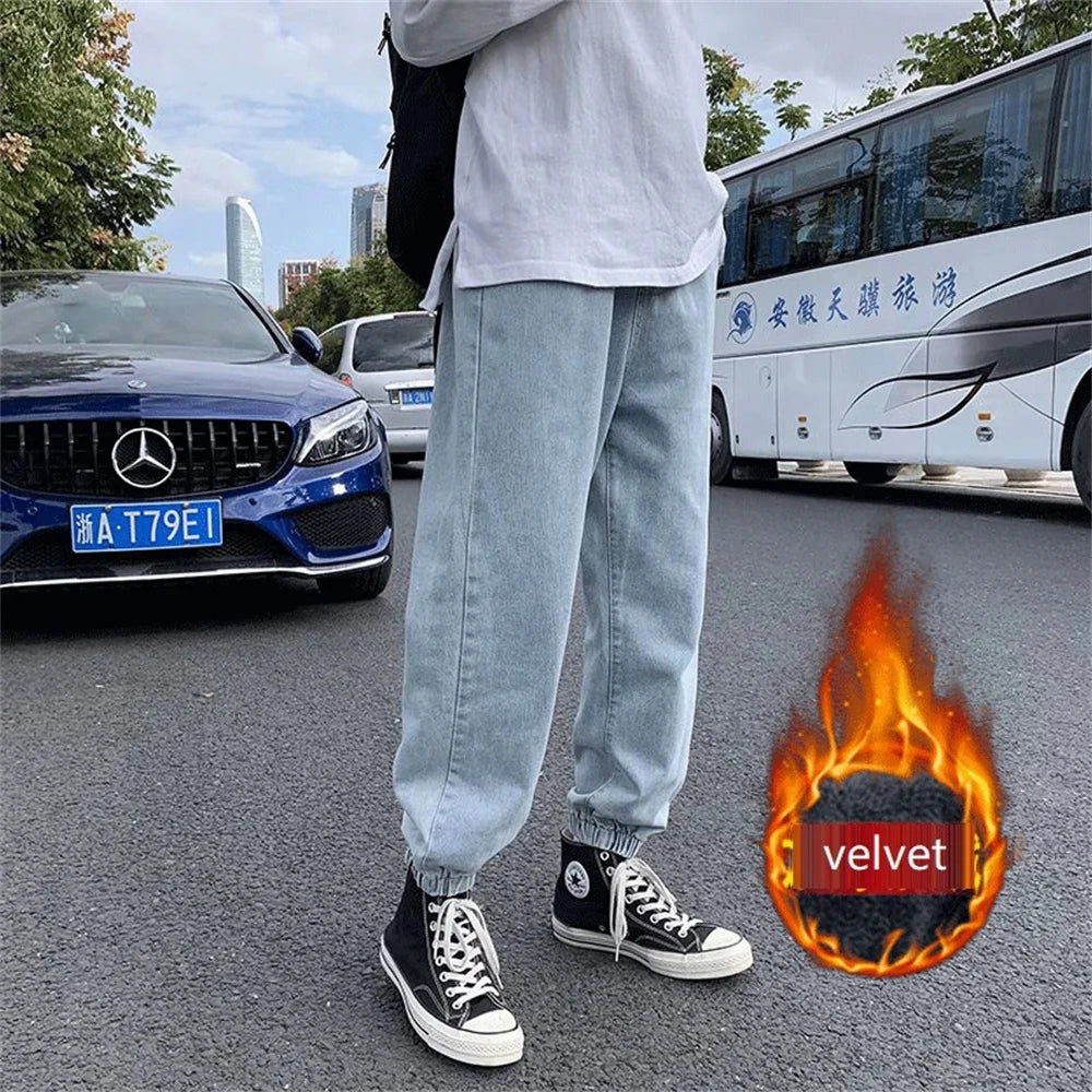 Winter Jeans Men Warm Joggers Jeans Harem Pants Thickdenim Pants men sweatpants elastic jean for men pants male jeans