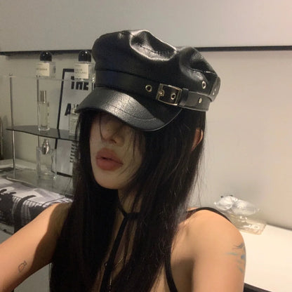 New Women's PU Leather Beret Hat Vintage England Flat Top Newsboy Caps Outdoor Casual Visor Black Artist Fashion Painter Hat