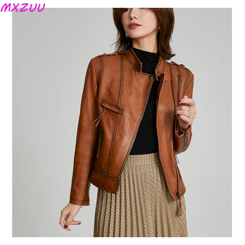 Leather Coat Women Short All-match European Fashion Biker Genuine Sheepskin Black Jackets Zipper Pocket Jaqueta Couro Feminina