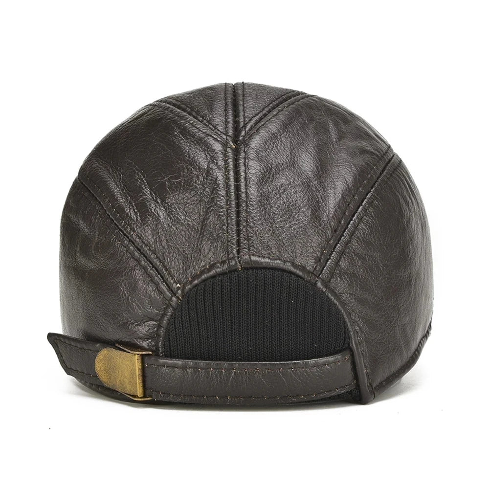 Men's 2025 Casual Real Leather Earflap Cap Men Real Cowhide Leather Caps Male Fall Winter Genuine Real Cow Leather Baseball Hats