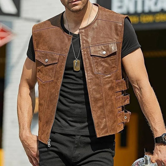 Leather Vest Jacket Men's Motorcycle Style Zipper Slim Sleeveless PU Coats Streetwear Men Clothing Fashion Cycling Short Jackets