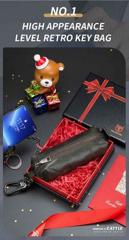 BULLCAPTAIN Genuine Leather Men's Car Keychain Leather Key Case High Quality Men's Butler Key Clip Zipper Two Card Key Case