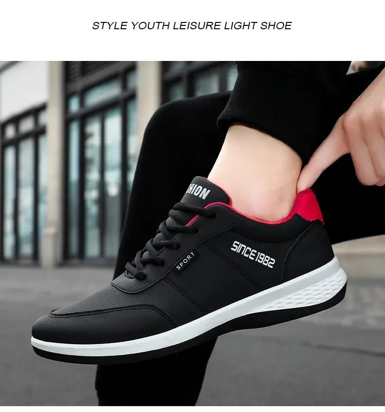 Artificial Leather Men's Casual Shoes Spring Men's Casual Lightweight Sports Shoes Lace Up Flat Shoes Breathable Outdoor Jogging