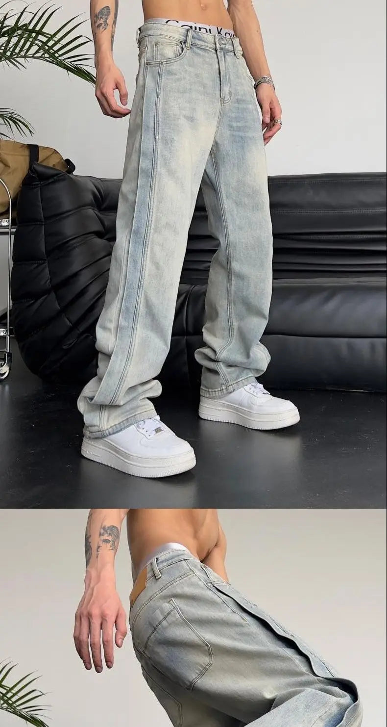 Jeans for Men Loose Light Blue Baggy Straight Man Cowboy Pants Punk Spliced Y2k Vintage Trousers 2025 Korean Autumn Trend Cotton