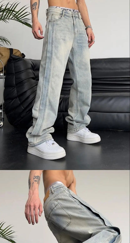 Jeans for Men Loose Light Blue Baggy Straight Man Cowboy Pants Punk Spliced Y2k Vintage Trousers 2025 Korean Autumn Trend Cotton