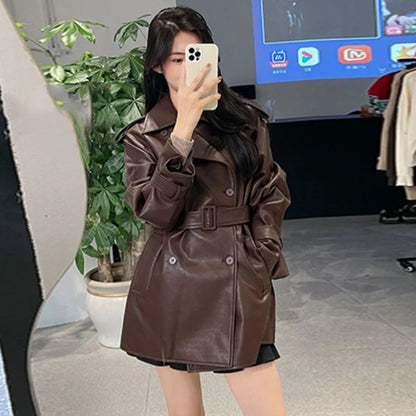 Ladies Fashion Leather Femme Leisure Leather Jacket Spring Autumn Women Faux Leather Coat  ﻿