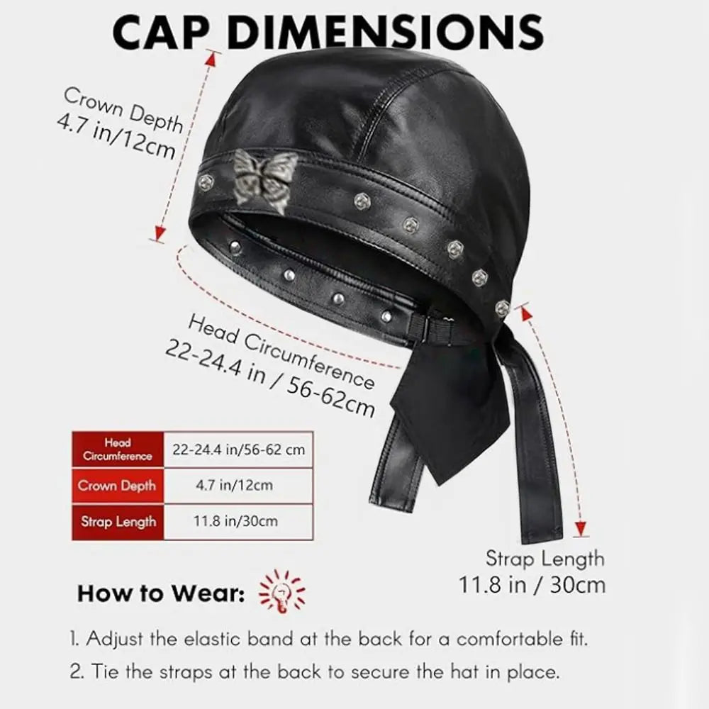 PU Leather Black Biker Cap Doo Rag Bandana Waterproof Butterfly Cap Cool Adjustable Motorcycle Leather Hat for Women and Men