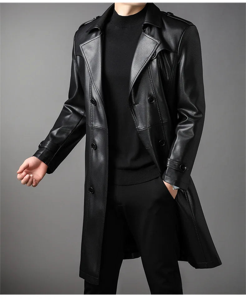 High Quality Knee-Length Men's Leather Overcoat for Autumn & Winter Double Breasted  Business Windbreaker Leather Coats PU-026