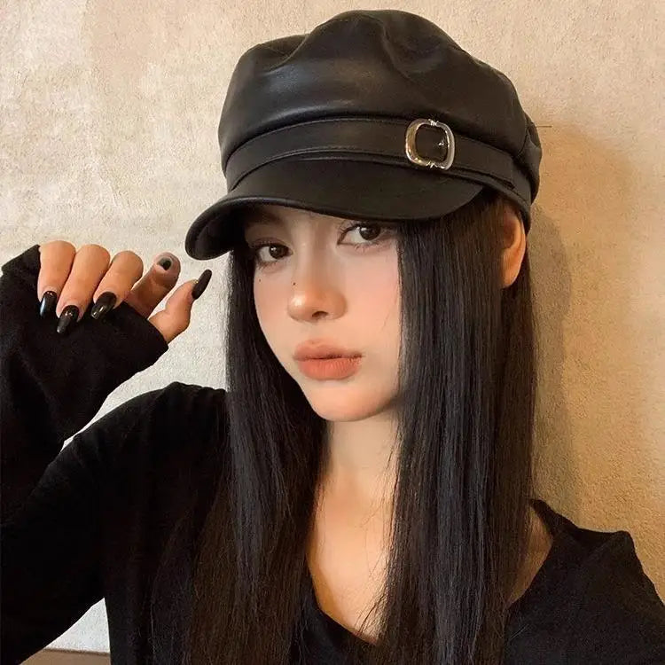 New Women's PU Leather Beret Hat Vintage England Flat Top Newsboy Caps Outdoor Casual Visor Black Artist Fashion Painter Hat
