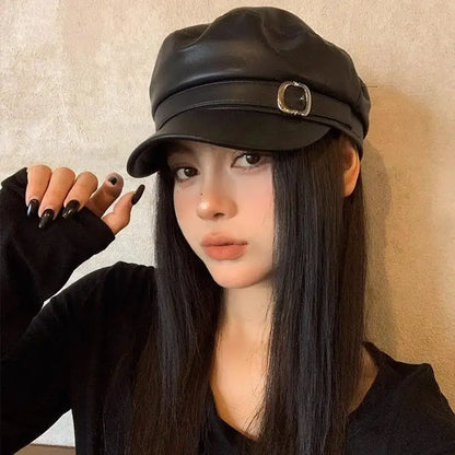 New Women's PU Leather Beret Hat Vintage England Flat Top Newsboy Caps Outdoor Casual Visor Black Artist Fashion Painter Hat