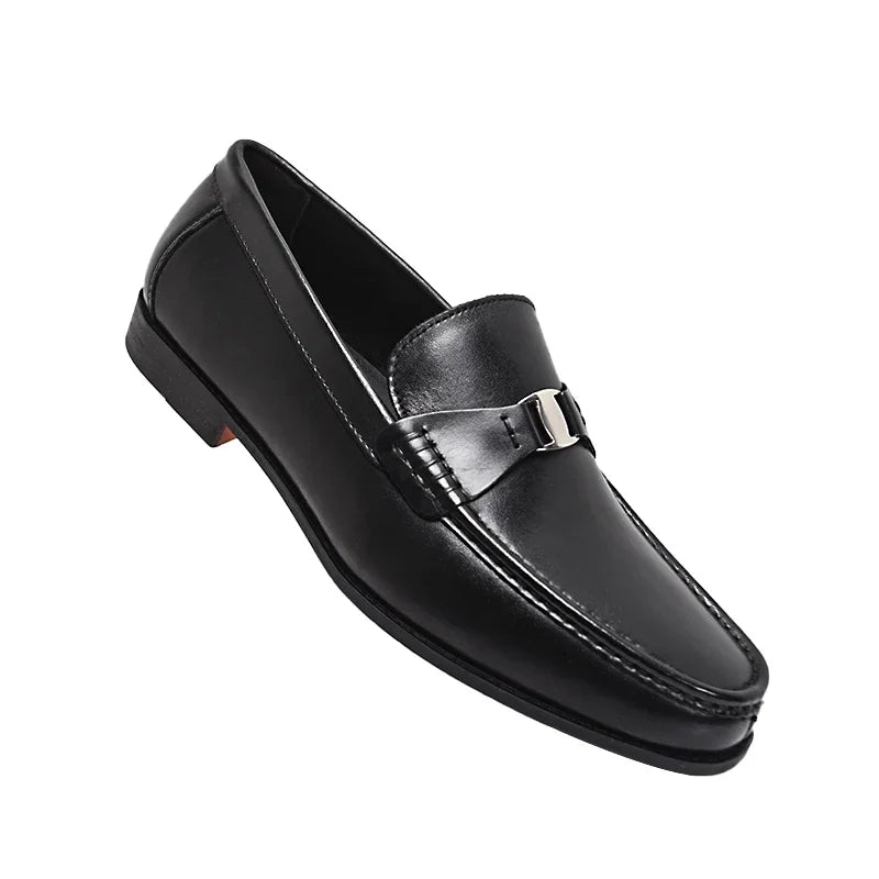 Men's Genuine Leather Non-Slip Flat Loafers Handmade Metal Buckle Glossy Pointed Banquet Wedding Party Formal Shoes