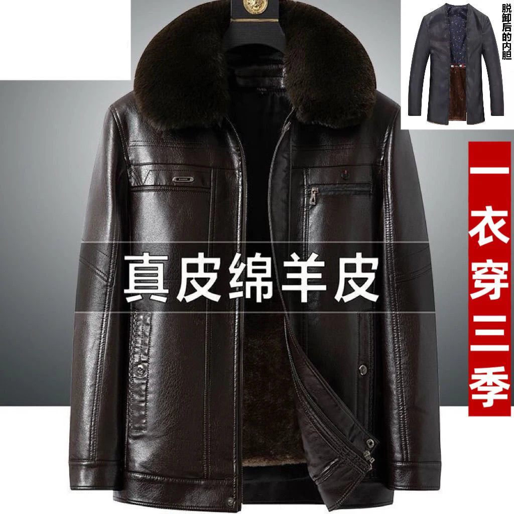 Natural Leather Jacket For Men Fur Thick Loose Plus Velvet Winter Black Leather Coats Male Sheepskin Coat Man With Fur Collar