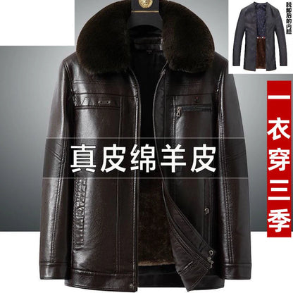 Natural Leather Jacket For Men Fur Thick Loose Plus Velvet Winter Black Leather Coats Male Sheepskin Coat Man With Fur Collar