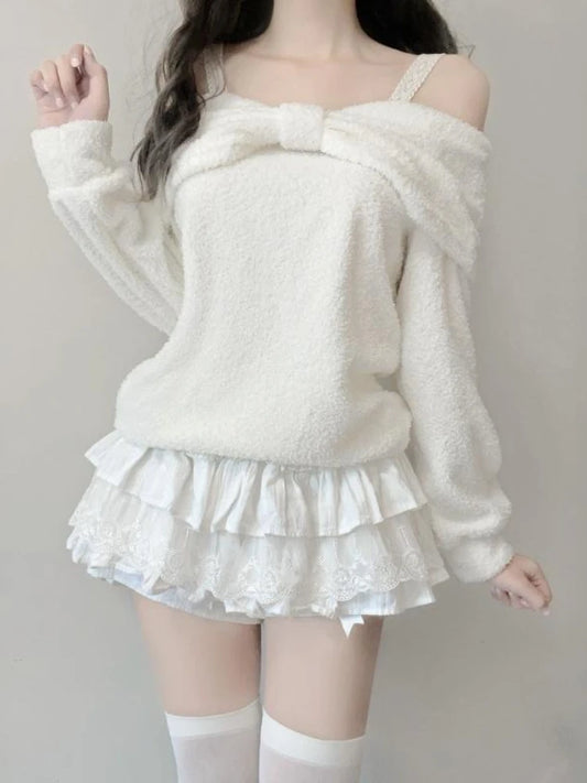 Winter Kawaii Sweet Off Shoulder Loose Sweater Women Design Warm Long Sleeve White Fashion Lovely Pullover Chic Bow Outfits New