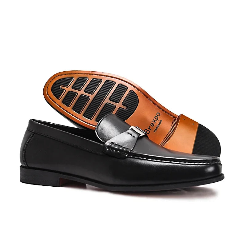 Men's Genuine Leather Non-Slip Flat Loafers Handmade Metal Buckle Glossy Pointed Banquet Wedding Party Formal Shoes
