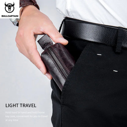 BULLCAPTAIN Genuine Leather Men's Car Keychain Leather Key Case High Quality Men's Butler Key Clip Zipper Two Card Key Case