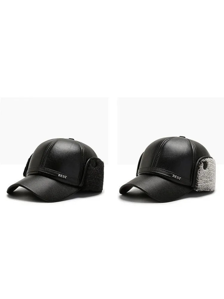 Men's Casual Cuffed Soft Leather Baseball Cap for Middle-Aged and Elderly, Warm for Winter