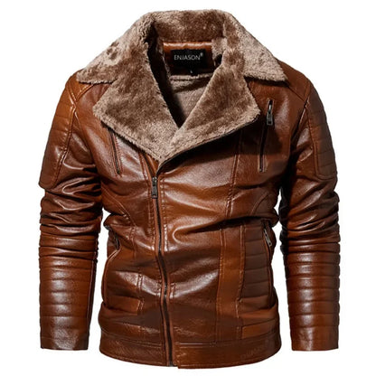 Men Leather Jacket Fur Integrated Locomotive Leather Jacket Coats Long Sleeve Zipper Fur Collar Motorcycle Outwear Faux Leather