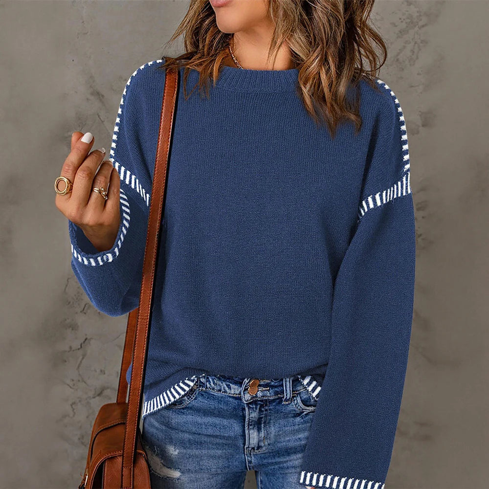 Women's Sweaters Autumn Winter 2025 Comfortable Daily Dark Stripe Design Long Sleeve Round Neck Relaxed Fit Top