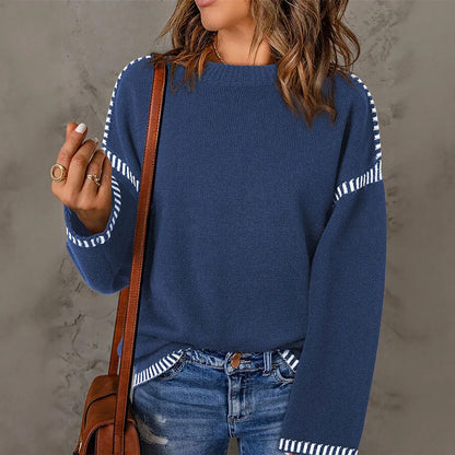 Women's Sweaters Autumn Winter 2025 Comfortable Daily Dark Stripe Design Long Sleeve Round Neck Relaxed Fit Top