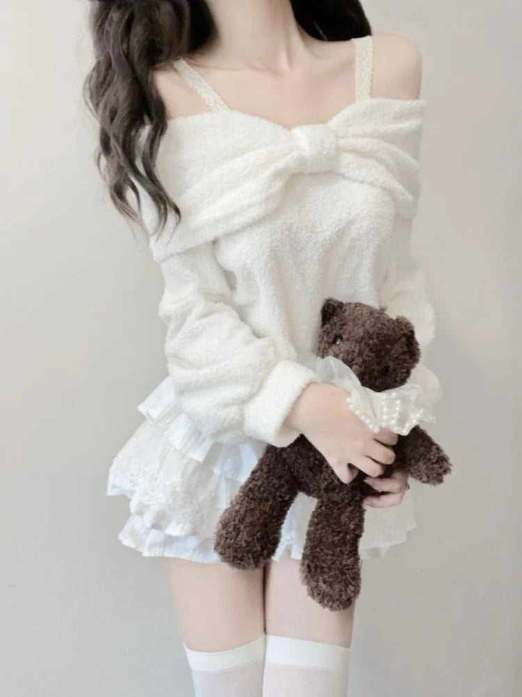 Winter Kawaii Sweet Off Shoulder Loose Sweater Women Design Warm Long Sleeve White Fashion Lovely Pullover Chic Bow Outfits New
