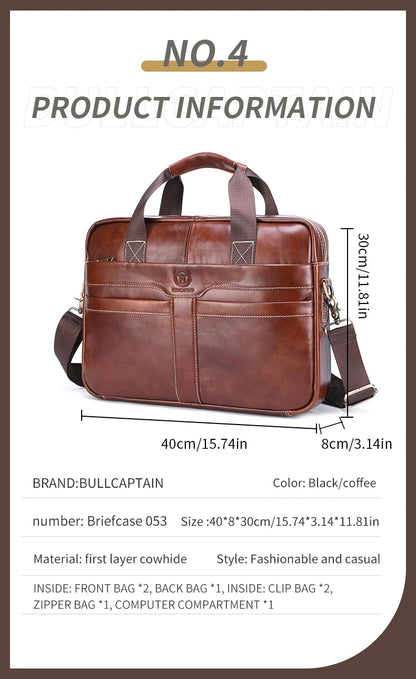 BULLCAPTAIN Leather Laptop Bag, Top Layer Leather 15" Laptop Bag Men's Laptop Briefcase Briefcase Work Business Travel Bag 053