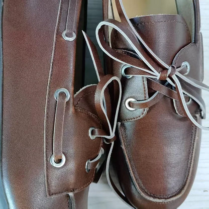 Leather Shoes for Women 2025 Spring and Autumn Sheepskin Worn Dirty Tied Soft Soled Loafer Shoes Retro One Foot Women's Shoe