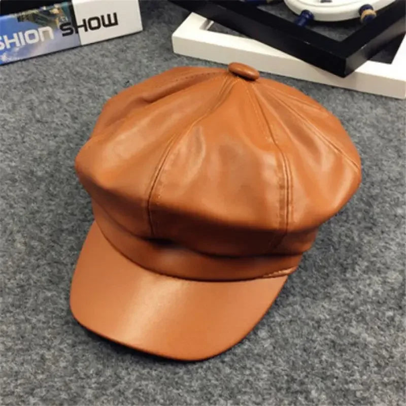 Kids Boys Girls PU Leather Hat 2024 New Arrival Children Princess Retro Beret Cap British Style Plaid Striped Cap Steetwear Hat