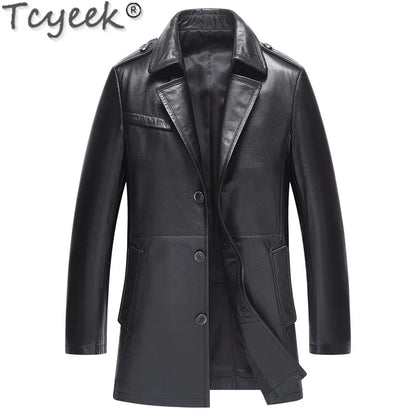 Tcyeek Real Cowhide Genuine Leather Man Jackets Mid-length Trench Coat Spring Autumn Suit Jacket Men Clothing Jaqueta De Couro