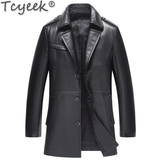 Tcyeek Real Cowhide Genuine Leather Man Jackets Mid-length Trench Coat Spring Autumn Suit Jacket Men Clothing Jaqueta De Couro