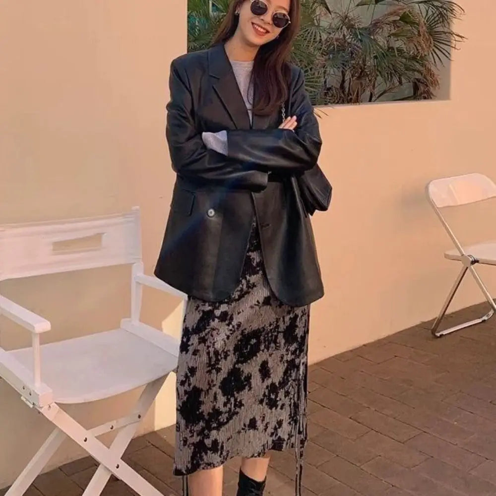 Fashion Lapel Collar Leather Jacket Women Outerwear Korean Chic Vintage PU Coats Loose Retro Suit Leather Jacket Autumn/Winter