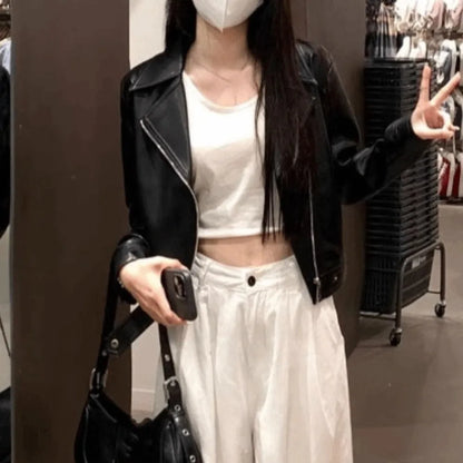 Fashion Pleated Leather Jacket Women Lapel Collar Outerwear Vintage PU Coats Korean Chic Windbreaker Jackets Y2k Streetwear