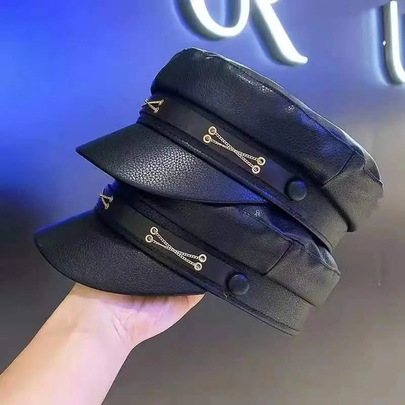 New Women's PU Leather Beret Hat Vintage England Flat Top Newsboy Caps Outdoor Casual Visor Black Artist Fashion Painter Hat