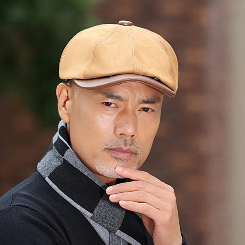 New Autumn Winter Natural Genuine Leather Caps For Men Suede Cowhide Leather Warm Berets Women's Hats British Fashion Golf Cap