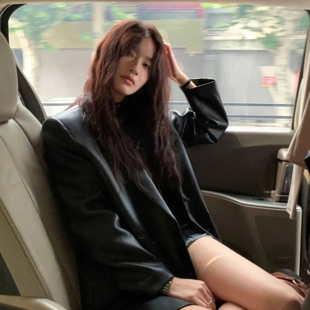 Fashion Lapel Collar Leather Jacket Women Outerwear Korean Chic Vintage PU Coats Loose Retro Suit Leather Jacket Autumn/Winter