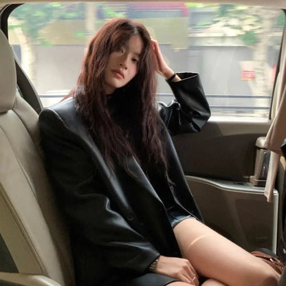 Fashion Lapel Collar Leather Jacket Women Outerwear Korean Chic Vintage PU Coats Loose Retro Suit Leather Jacket Autumn/Winter