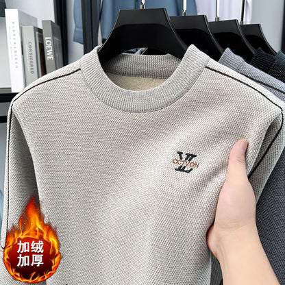 Winter 2025 Men's Sweater with Fleece and Mink Fur for Middle-aged Warmth, Integrated Fleece Base, Embroidered Round Neck Top