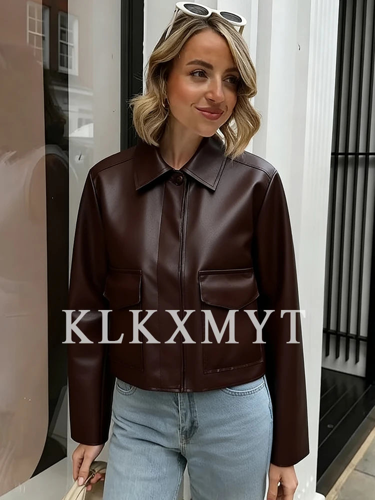 Women's Leather Jacket 2025 Autumn Winter New Fashion Women Long Sleeve Zipper Jackets Women High Street Elegant Short Coats