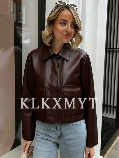 Women's Leather Jacket 2025 Autumn Winter New Fashion Women Long Sleeve Zipper Jackets Women High Street Elegant Short Coats