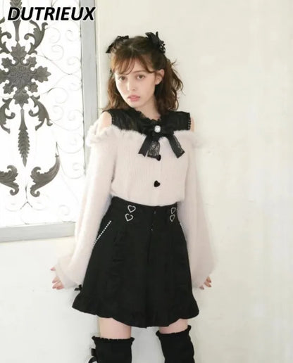 Sweet Lolita Winter Clothes Women Off Shoulder Sweater Pullover Student Elegant Long Sleeve Knitwear Bow Lace Waist Slim Sweater