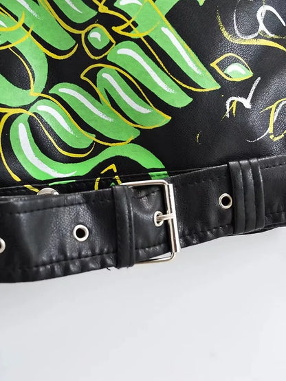 Fashion Brand Coat PU Leather Jacket Women Colorful Print Graffiti Soft Punk Coats Slim Locomotive Cropped Jacket Leather Top 1