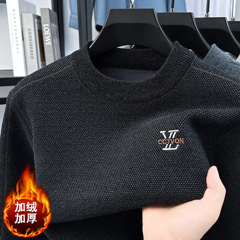 Winter 2025 Men's Sweater with Fleece and Mink Fur for Middle-aged Warmth, Integrated Fleece Base, Embroidered Round Neck Top