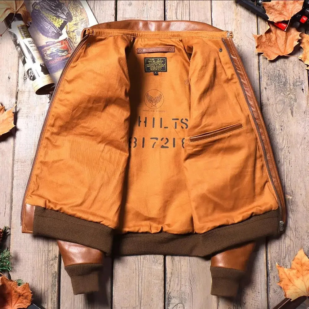 New Classical A-2 Oil Wax Cowhide Men's Genuine Leather Jacket Luxury Brown Excape Bomber Rider  Motorcycle Real Leather Coats