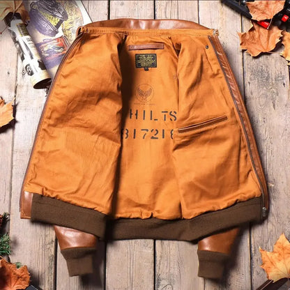 New Classical A-2 Oil Wax Cowhide Men's Genuine Leather Jacket Luxury Brown Excape Bomber Rider  Motorcycle Real Leather Coats