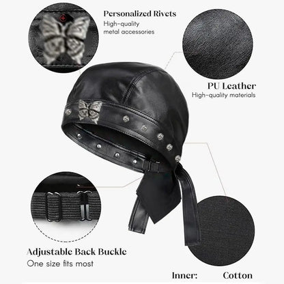 PU Leather Black Biker Cap Doo Rag Bandana Waterproof Butterfly Cap Cool Adjustable Motorcycle Leather Hat for Women and Men