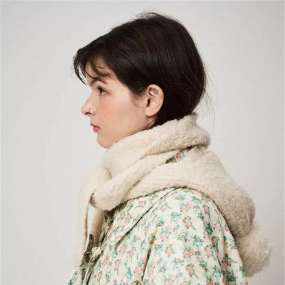 Winter Sweet Girl's Must-have - Wool Blend Beanie with Scarf and Shiny Furball