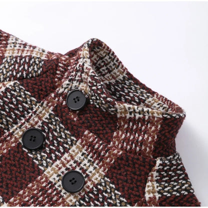 Autumn Winter Chic Coat Warm Checkered Turtleneck Shoulder Straight Coat Women Double Breasted Full Sleeve Middle Long Coat Lady