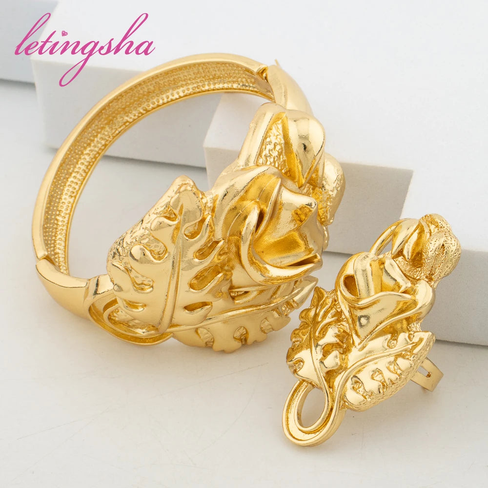 Fashion Jewelry Set for Women Large Hoop Earrings and Bangle Ring Weddings Bride Trendy Bracelet and Earrings Jewelry Set
