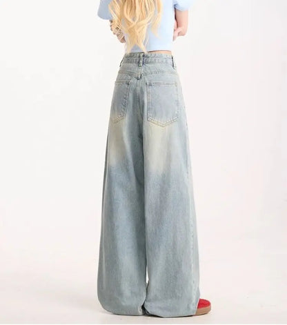 Jeans for Woman Y2k Pants Retro Washed Denim Straight Leg Wide Leg Trousers Cartoon Embroidery Design Comfortable Daily Wear