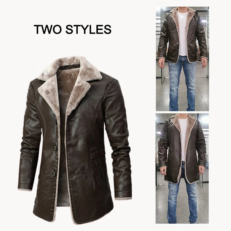 Winter Men's Leather Jacket Oversized Fur Long Coats High Quality PU Leather Thicken Fleece Casual Jacket Men Clothing A2F80818